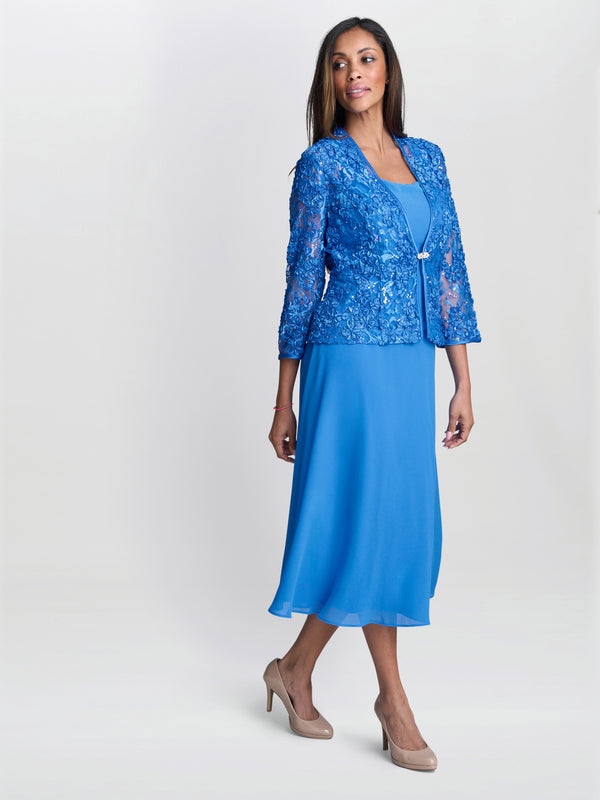 Gina Bacconi Adele Soutache Lace Jacket With Chiffon Dress Cobalt