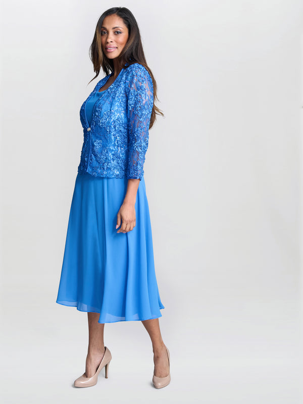 Gina Bacconi Adele Soutache Lace Jacket With Chiffon Dress Cobalt