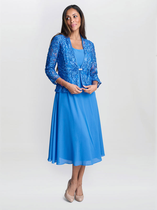 gina bacconi Adele soutache lace jacket with chiffon dress Cobalt