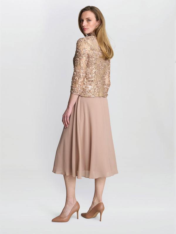 Gina Bacconi Adele Soutache Lace Jacket With Chiffon Dress Latte