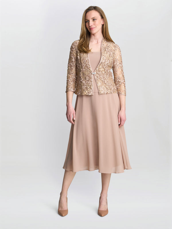 gina bacconi Adele soutache lace jacket with chiffon dress Latte
