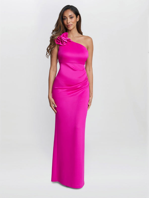 Gina Bacconi Agatha 3d Flower Detailed One Shoulder Maxi Dress FUCHSIA
