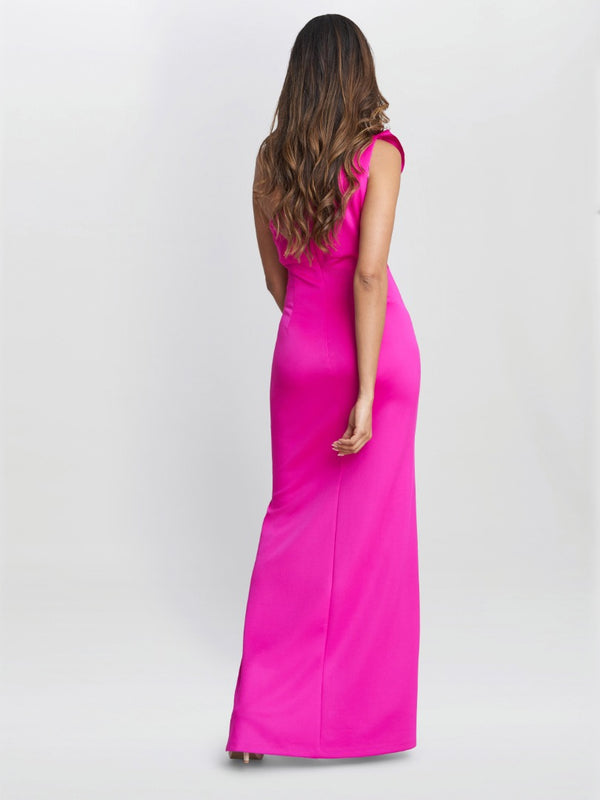 Gina Bacconi Agatha 3d Flower Detailed One Shoulder Maxi Dress FUCHSIA