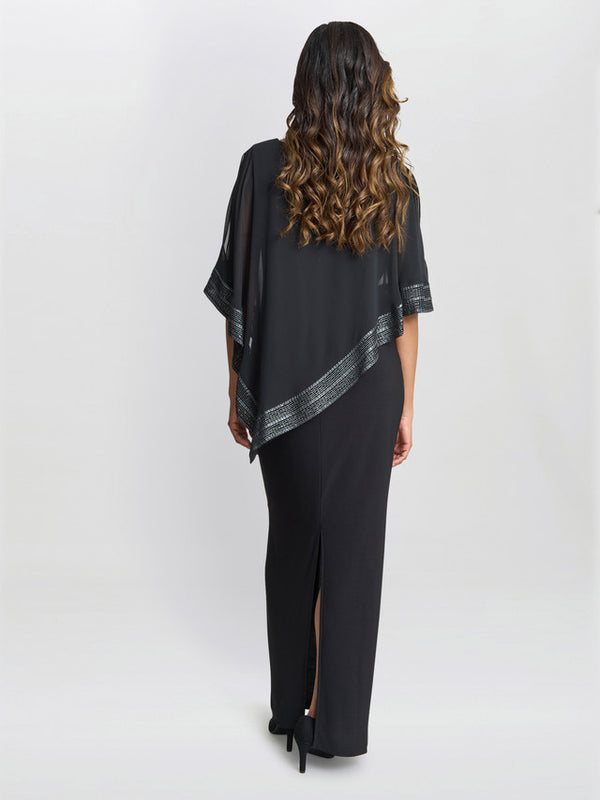 Gina Bacconi Amber Maxi Asymmetrical Cape Dress Black / Silver