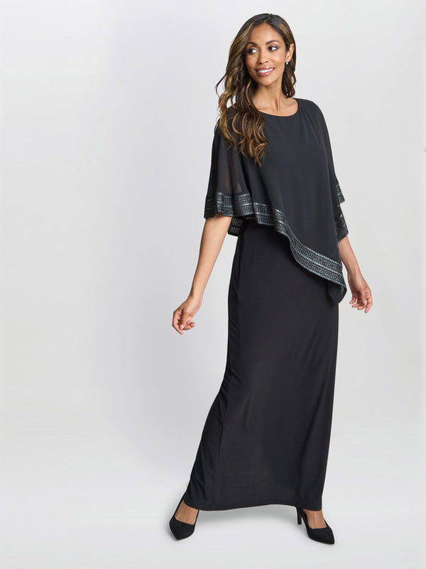 Gina Bacconi Amber Maxi Asymmetrical Cape Dress Black / Silver