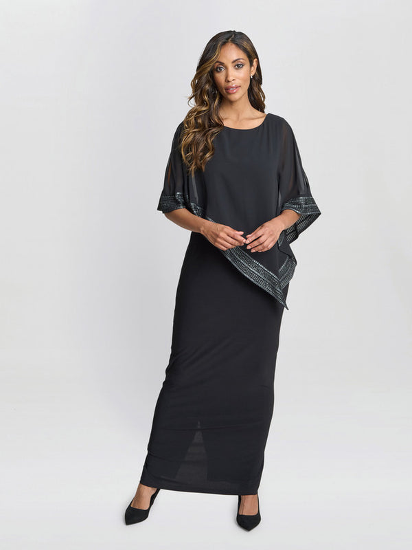 gina bacconi Amber maxi asymmetrical cape dress Black / Silver