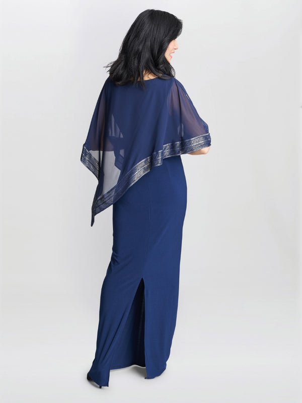 Gina Bacconi Amber Maxi Asymmetrical Cape Dress DARK NAVY