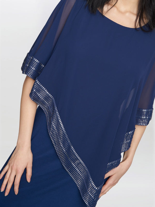 Gina Bacconi Amber Maxi Asymmetrical Cape Dress DARK NAVY