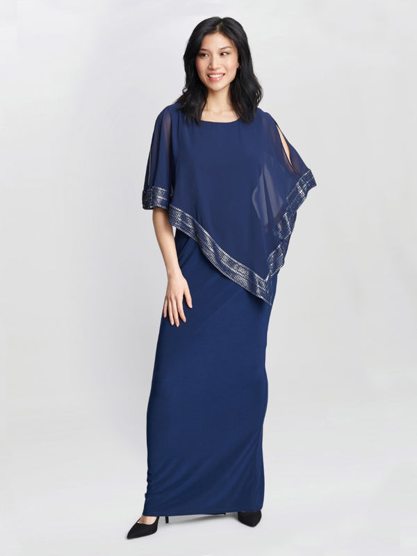 Gina Bacconi Amber Maxi Asymmetrical Cape Dress DARK NAVY