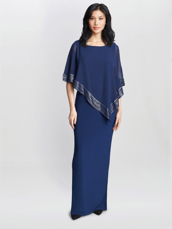 gina bacconi Amber maxi asymmetrical cape dress DARK NAVY