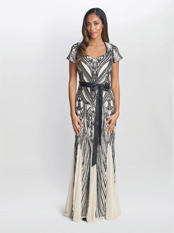 gina bacconi Amelia sweetheart neck embroidered maxi dress
