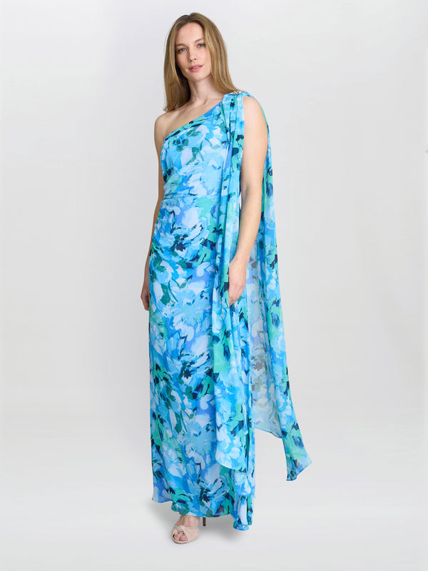gina bacconi Amelie printed chiffon maxi dress with beaded shoulder