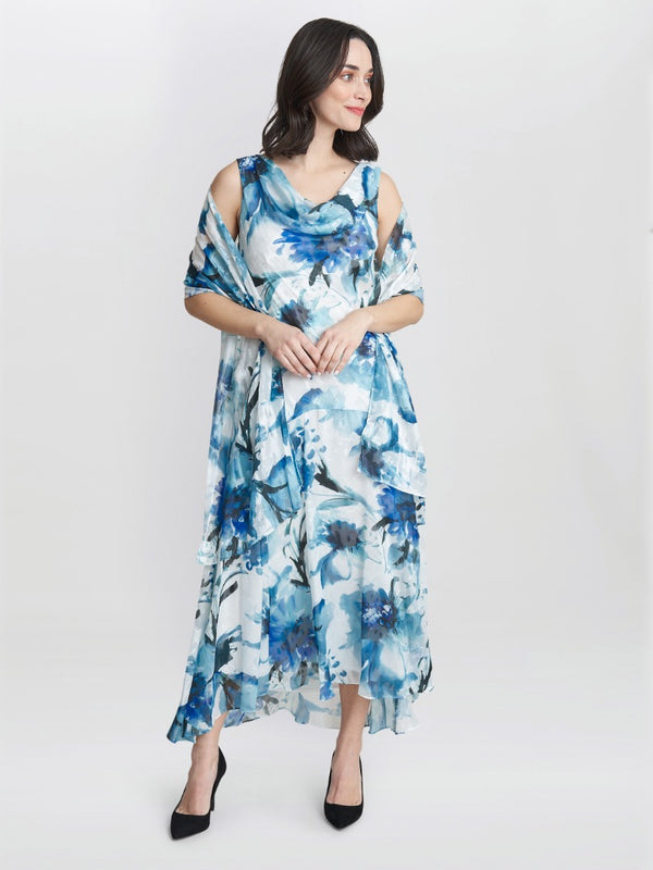Gina Bacconi Angelica Midi Length Cowl Neck Printed Dress And Shawl