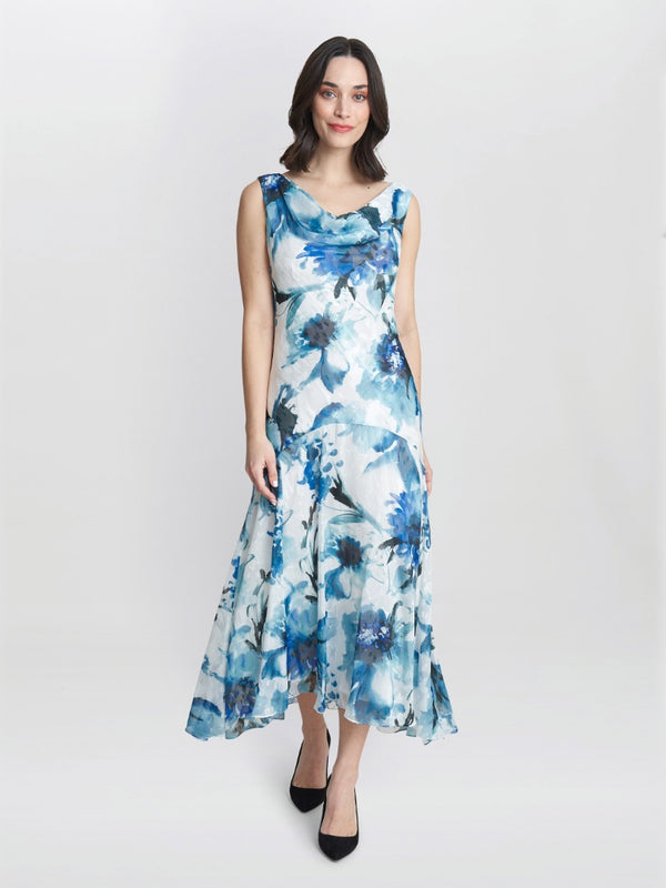 Gina Bacconi Angelica Midi Length Cowl Neck Printed Dress And Shawl