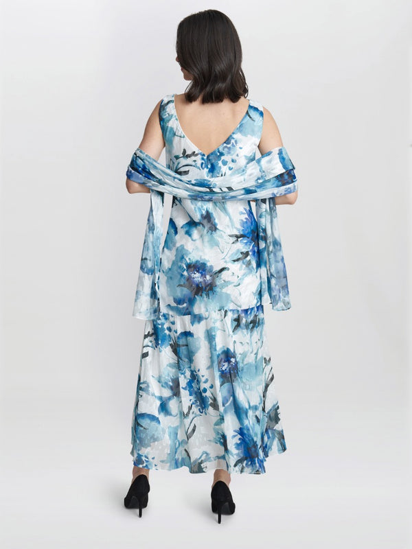 Gina Bacconi Angelica Midi Length Cowl Neck Printed Dress And Shawl