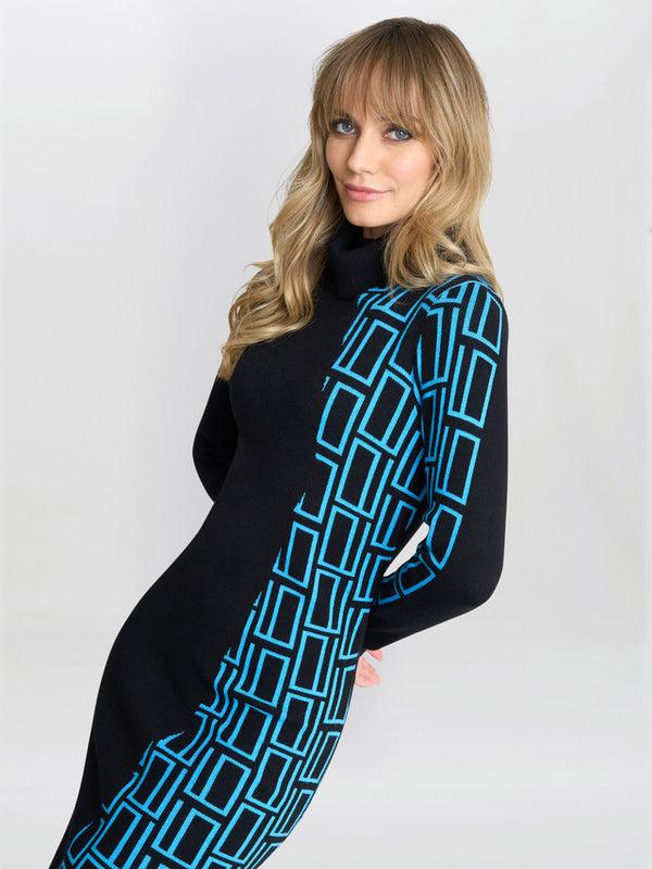 Gina Bacconi Ann Geometric Knit Poloneck Dress Black