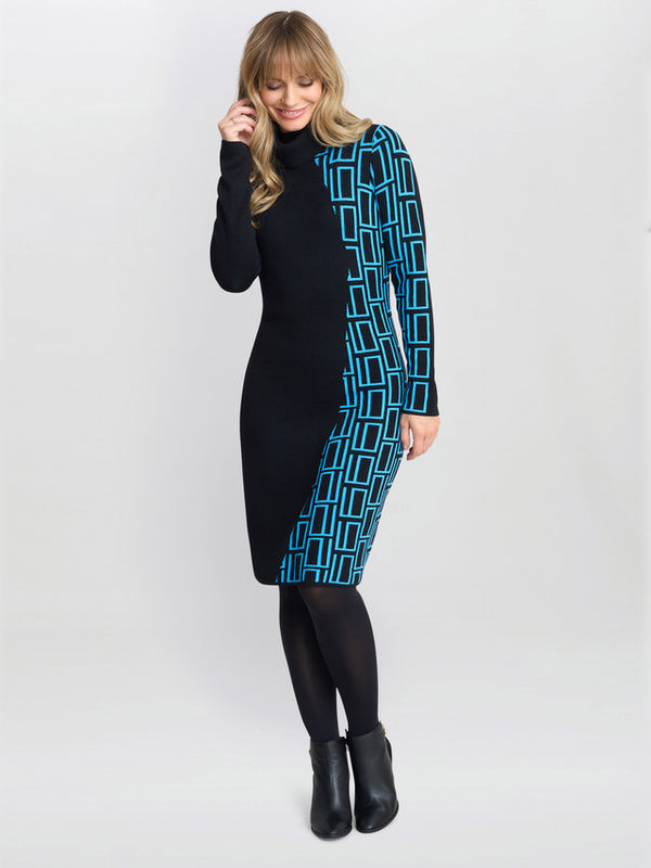 gina bacconi Ann geometric knit poloneck dress Black