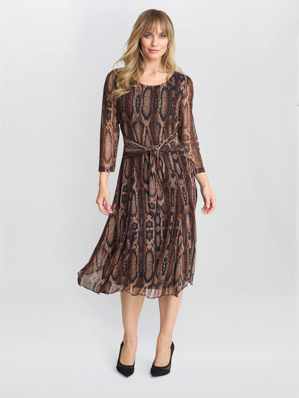 Gina Bacconi Anya Snake Print Long Sleeve Mesh Dress