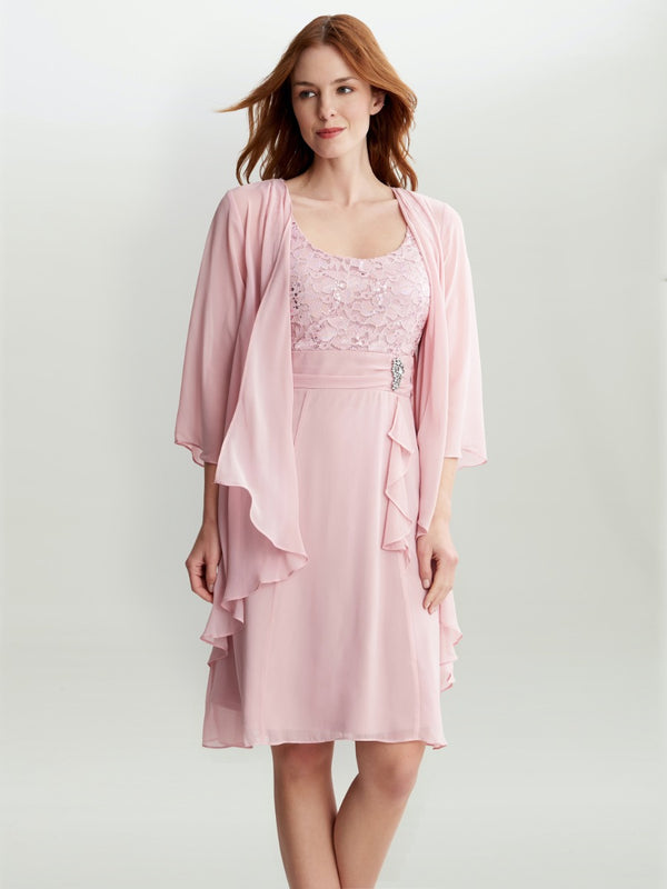 gina bacconi Aribelle short empire waist jacket dress with tie waist detail and lace bodice