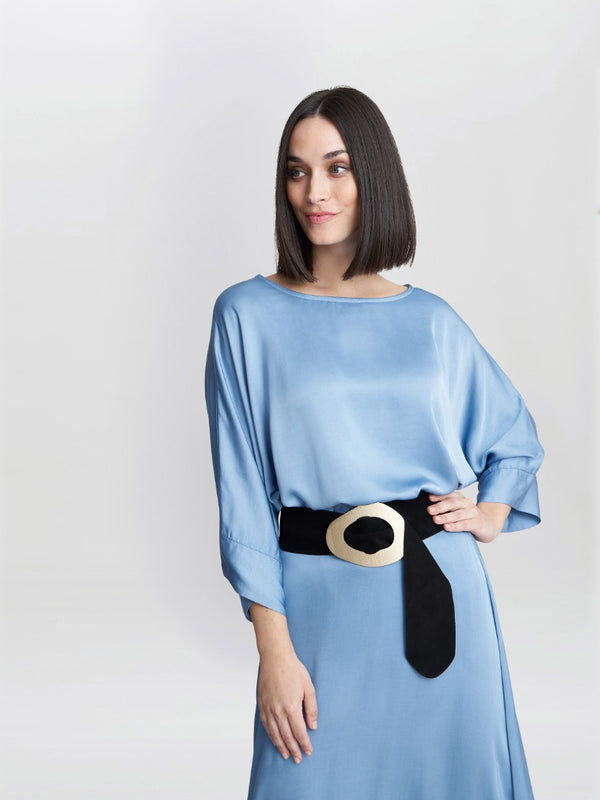 gina bacconi Berenice washed satin look pull on blouse BLUE