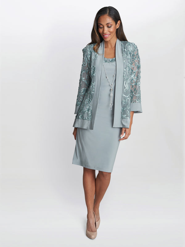 gina bacconi Beverley soutache dress and jacket with necklace SAGE