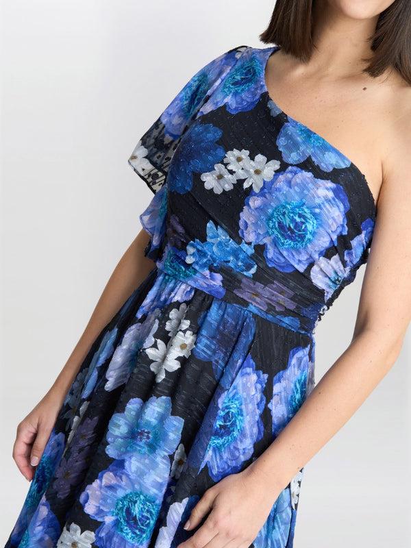 Gina Bacconi Briana One Shoulder Floral Print Dress