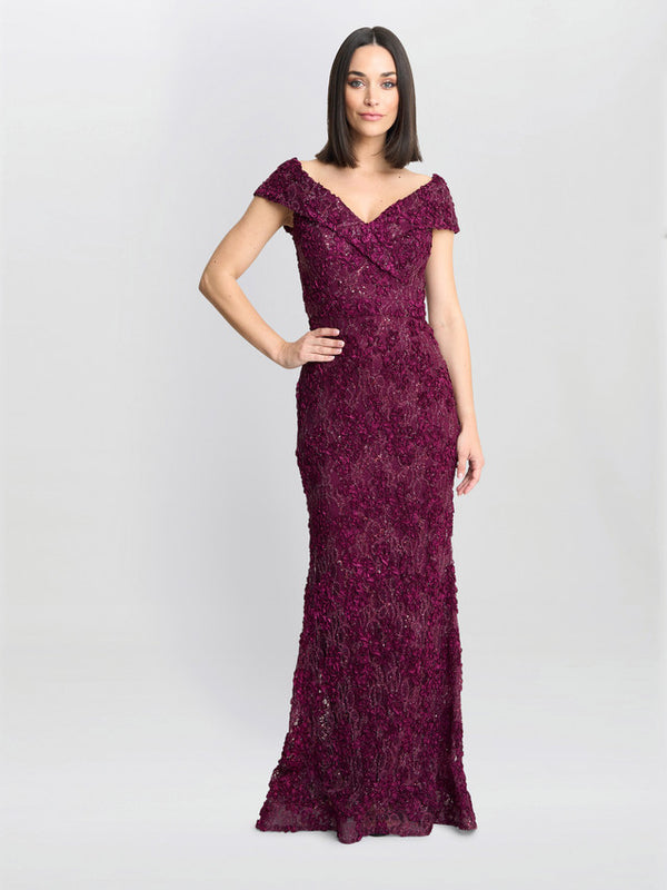 gina bacconi Brigette off the shoulder lace maxi dress