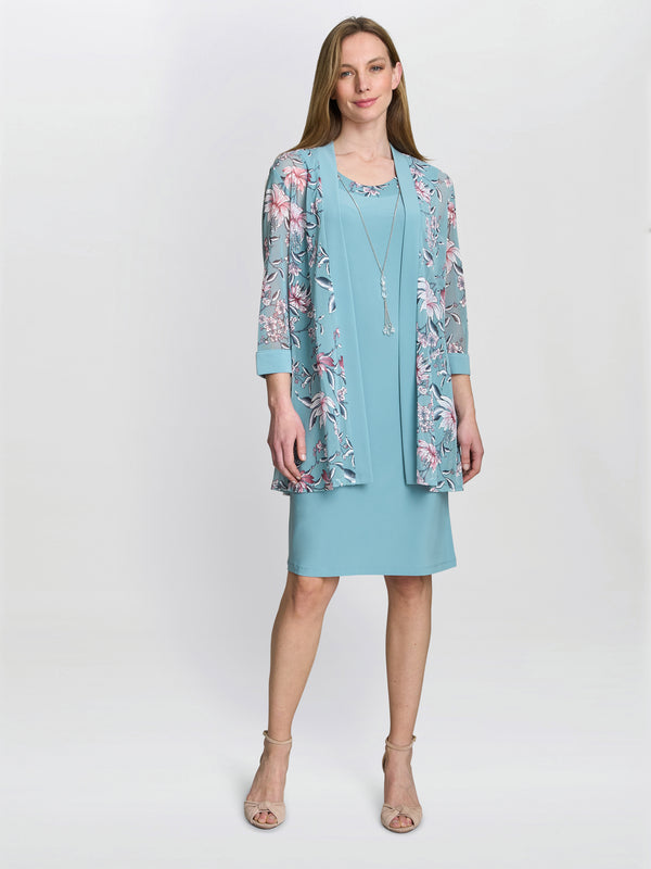 gina bacconi Callie printed dress and jacket with detachable necklace