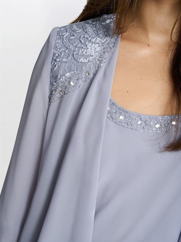 Gina Bacconi Camira Lace Shoulder Bead Tier Jacket Dress Concrete