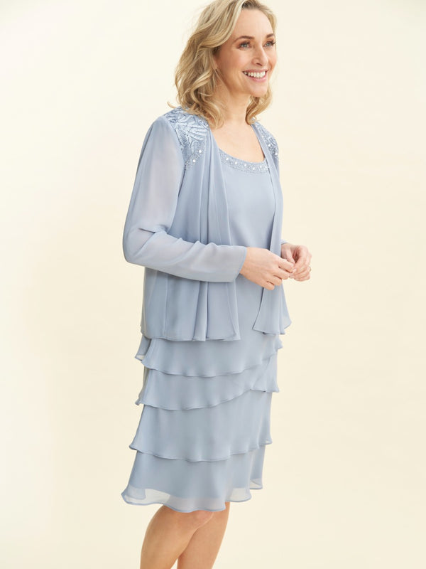 gina bacconi Camira lace shoulder bead tier jacket dress HYDRANGEA