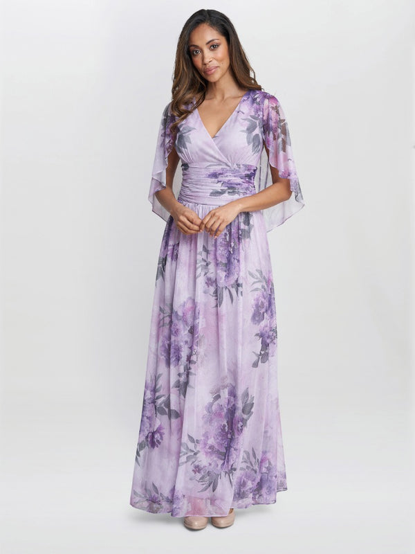 gina bacconi Caroline printed maxi dress with overlay sleeves