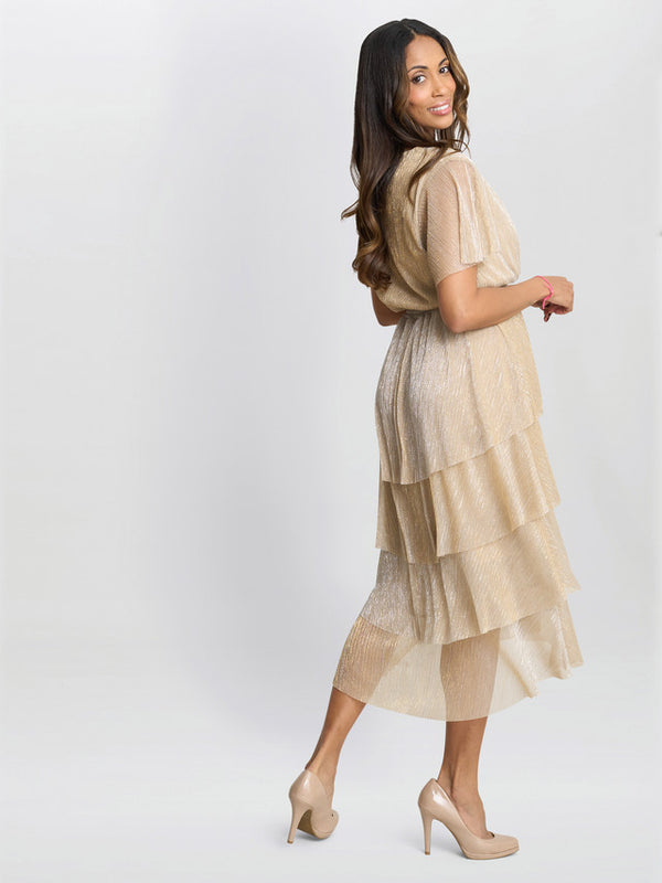 Gina Bacconi Cheri Metallic Knit Tiered Dress Gold / Silver