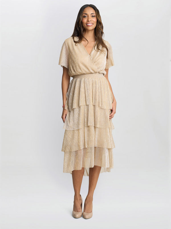 gina bacconi Cheri metallic knit tiered dress Gold / Silver