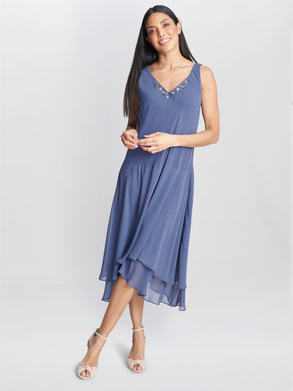 Gina Bacconi Cheryl Midi V Neck Embellished Dress And Jacket