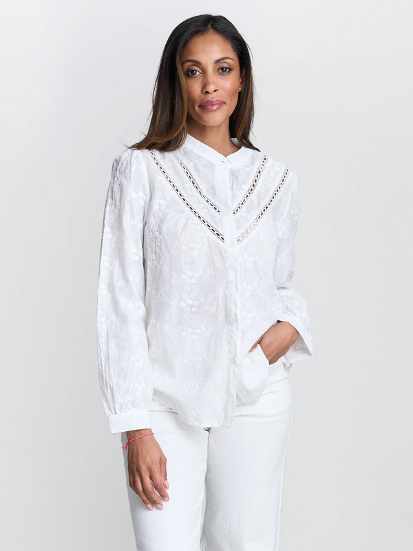 gina bacconi Cindi embroidered cotton collarless shirt
