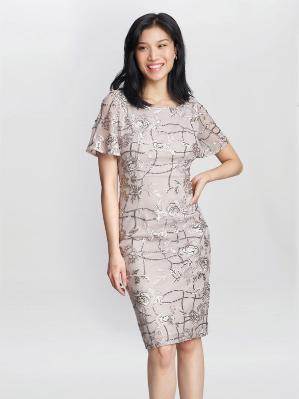 gina bacconi Claire embroidered shift evening dress