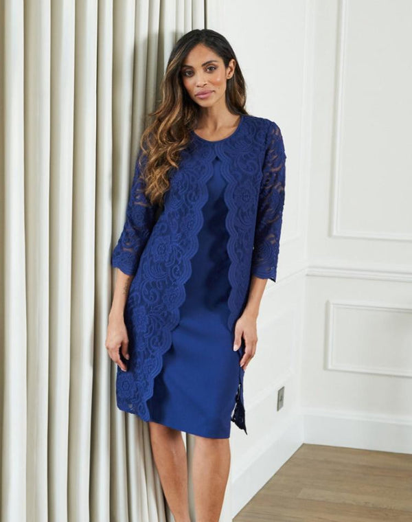 gina bacconi Clarabelle mock lace jacket and crepe dress NAVY