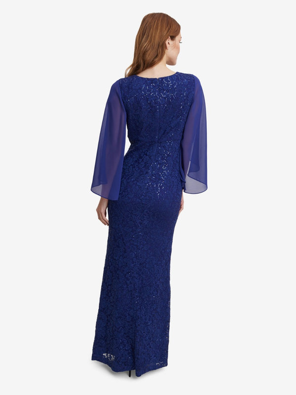 Gina Bacconi Claudine Long Fit And Flare Lace Dress With V-neckline