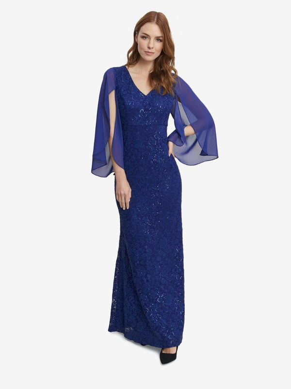 Gina Bacconi Claudine Long Fit And Flare Lace Dress With V-neckline