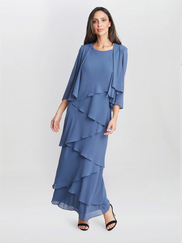 gina bacconi Colette jacket and asymmetric tiered dress Wedgewood