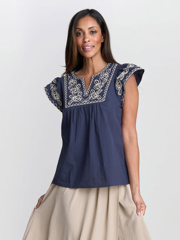 gina bacconi Cressa embroidered cotton flutter sleeve top