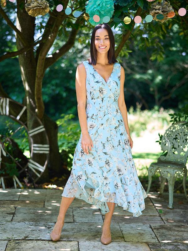 Gina Bacconi Cressida Floral Print Chiffon Asymmetric Hem Dress