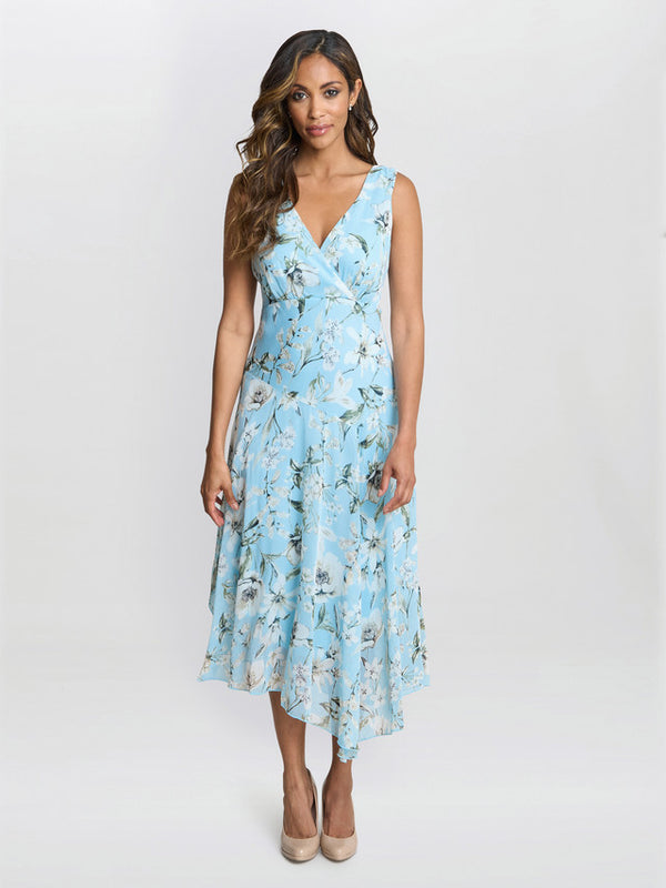 Gina Bacconi Cressida Floral Print Chiffon Asymmetric Hem Dress