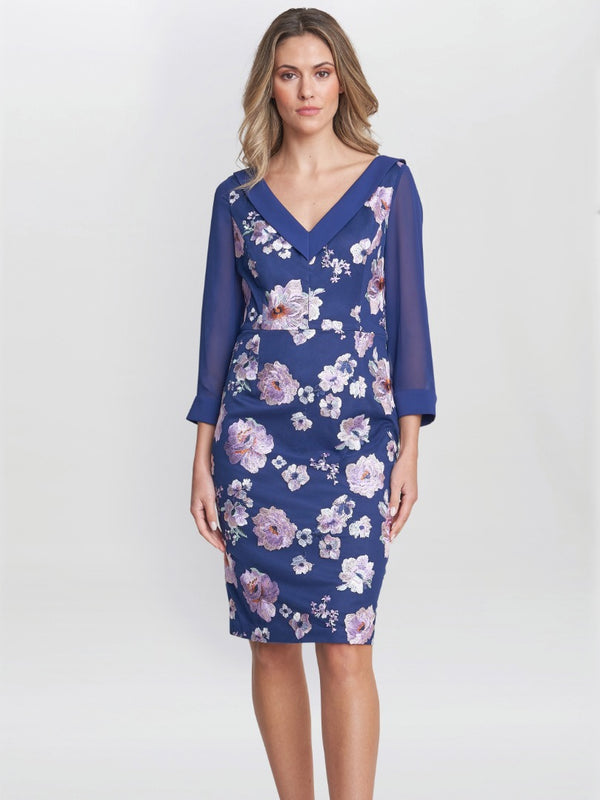 Gina Bacconi Daisy Crepe Dress With Embroidery NAVY