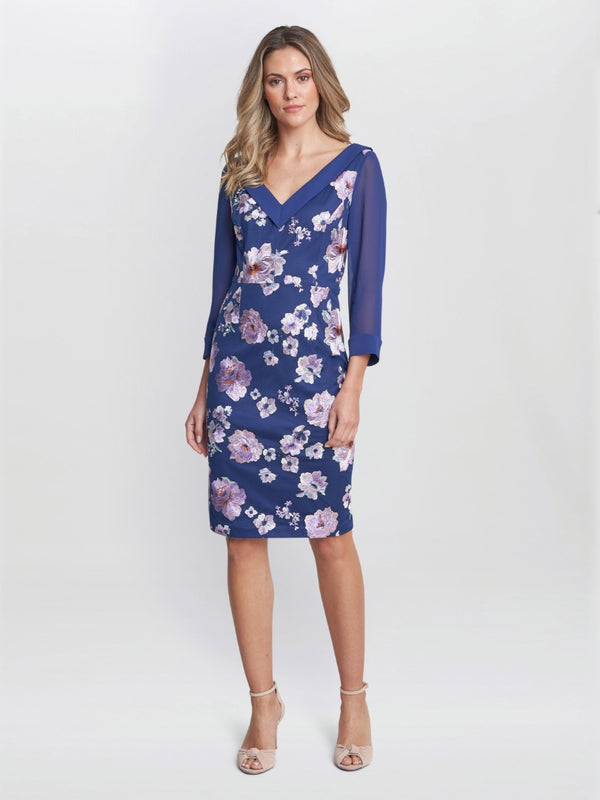 gina bacconi Daisy crepe dress with embroidery NAVY