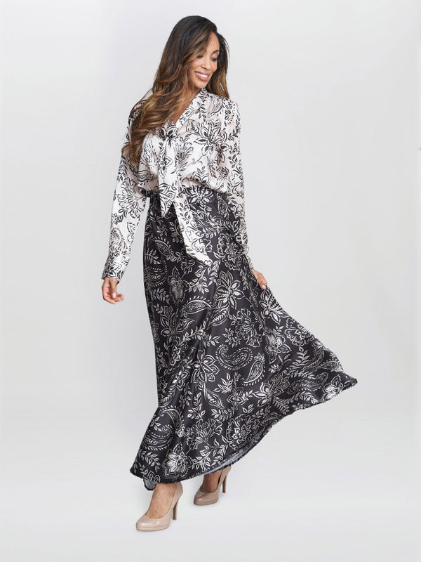 Gina Bacconi Dakota Satin Elastic Waist Skirt BLACK / WHITE