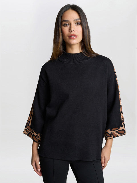 Gina Bacconi Dara Turtle Neck Jumper With Leopard Print Trim