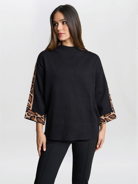 gina bacconi Dara turtle neck jumper with leopard print trim