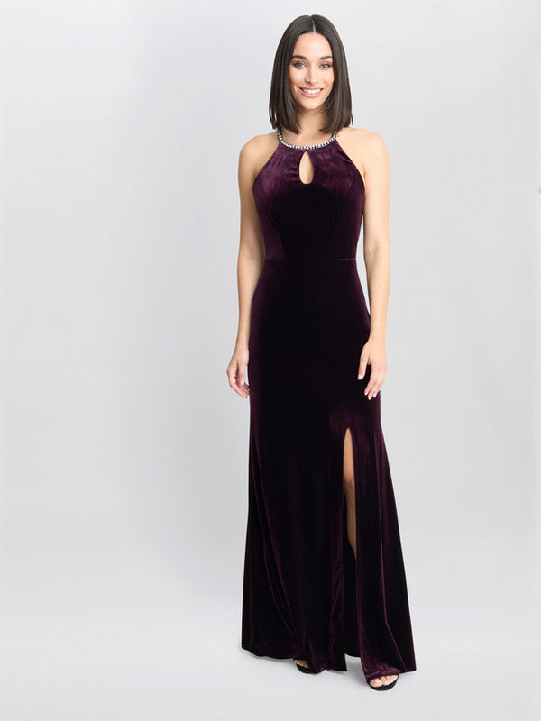 Gina Bacconi Deedee Velvet Halter Keyhole Maxi Dress