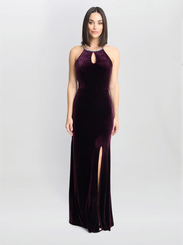 gina bacconi Deedee velvet halter keyhole maxi dress